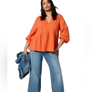 Pilcro Women Long-Sleeve Babydoll Top Tangerine 100% Cotton Puff Sleeve V-Neck S